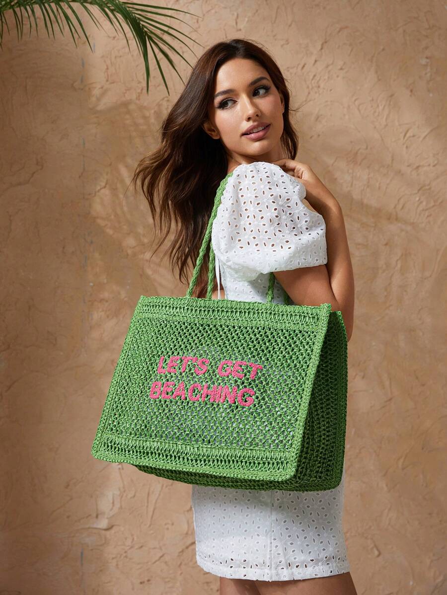 SHECARRY Women's Summer Fashionable Crocheted Tote Bag With Letter Design, Suitable For Vacation And Travel