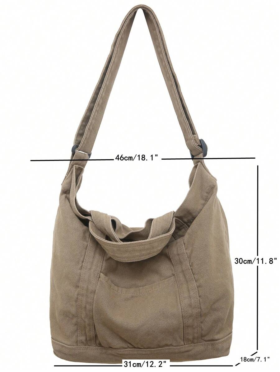 Casual Retro Thick Washed Canvas Tote Bag, Large Capacity Foldable Handbag, Shoulder Bag Suitable For Daily Use, College/University Student