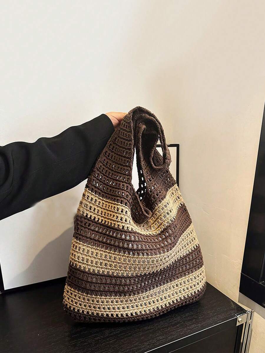Yogodlns 2024 New Handmade Crochet Woven Tote Bag For Women, Vintage Striped Decor Shoulder Large Capacity Handbag, Perfect For Beach Vacation, Travel, Shopping And Holiday Essential, Eye-Catching Sum