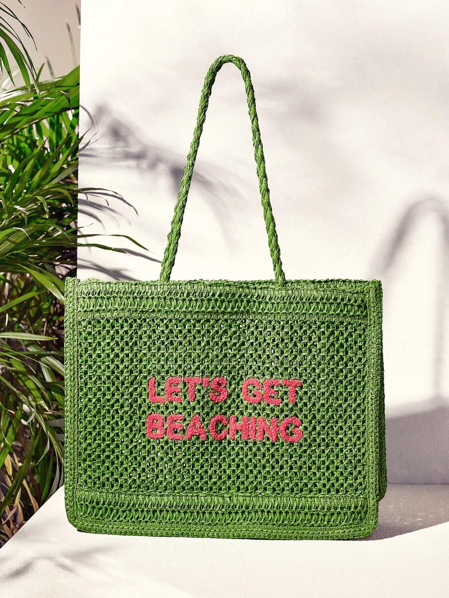 SHECARRY Women's Summer Fashionable Crocheted Tote Bag With Letter Design, Suitable For Vacation, Casual And Daily Shopping, Perfect For Beach Vacation, Travel, And Vacation Essentials,Holiday