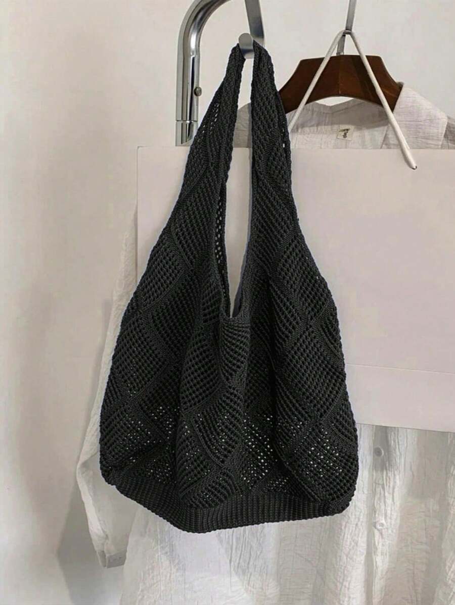 Women Hollow Knitted Shoulder Bag Simple Crochet Handbag Lightweight Casual Hollow Out Pattern Crochet Bag