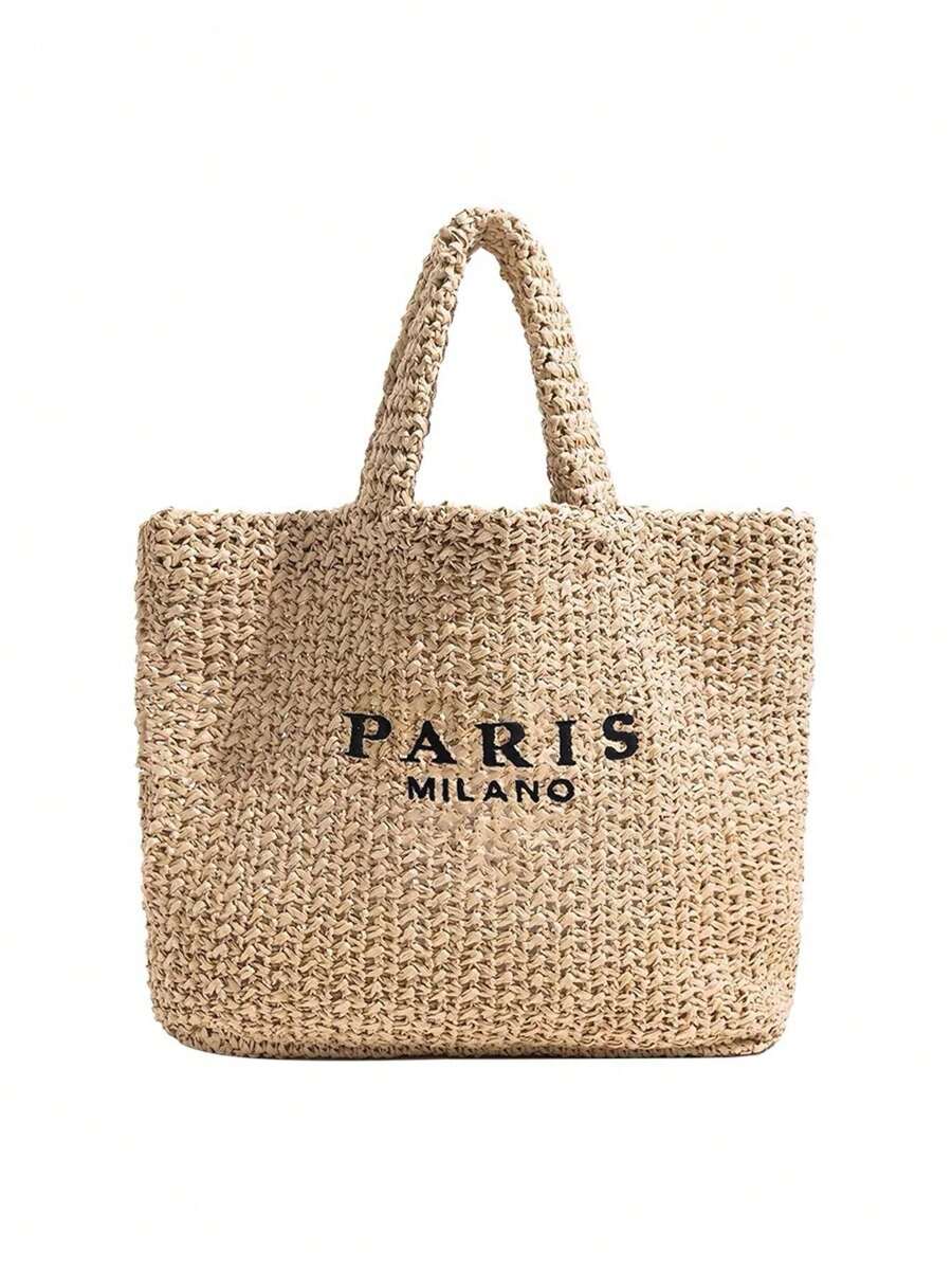 Tropiscape Casual Large Capacity Straw Tote Bag Designer Letters Women Handbags Handmade Woven Summer Beach Bag Big Shopper Purses, Holiday Essentials,Perfect For Travel, Vacation, Holiday & Beach, Pe