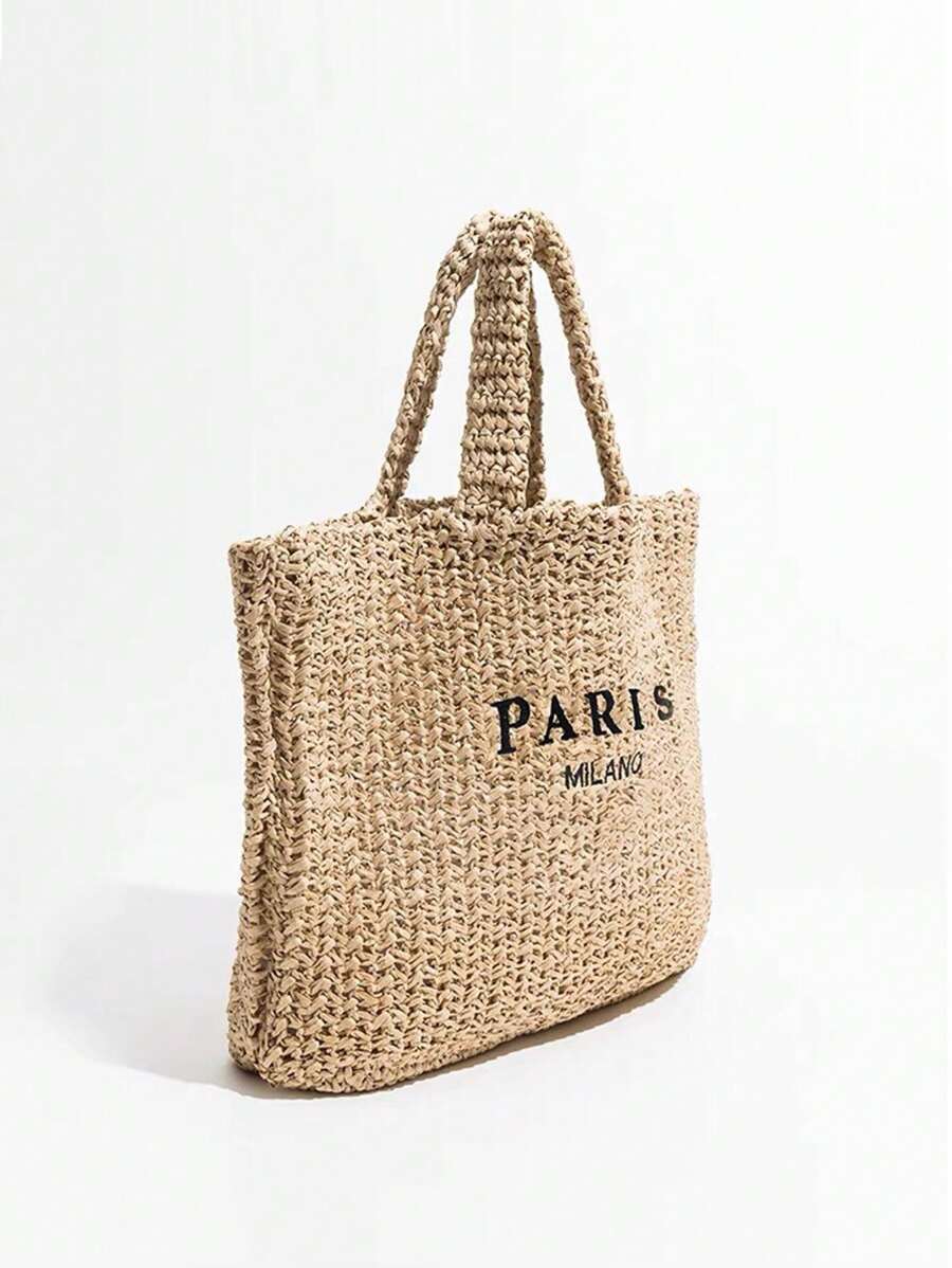 Tropiscape Casual Large Capacity Straw Tote Bag Designer Letters Women Handbags Handmade Woven Summer Beach Bag Big Shopper Purses, Holiday Essentials,Perfect For Travel, Vacation, Holiday & Beach, Pe