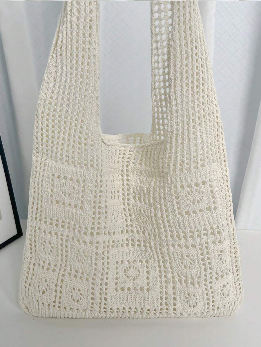 Fashion Essential: Women's Crochet Knit Beach Tote Bag, Hollow Design, Large Capacity, Foldable, With Carrying Strap, Designed For Women. It's Perfect For Beach Trips Due To Its Sand-Proof Feature; Al
