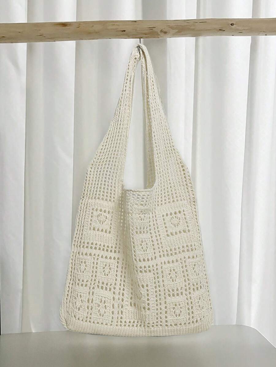 Fashion Essential: Women's Crochet Knit Beach Tote Bag, Hollow Design, Large Capacity, Foldable, With Carrying Strap, Designed For Women. It's Perfect For Beach Trips Due To Its Sand-Proof Feature; Al