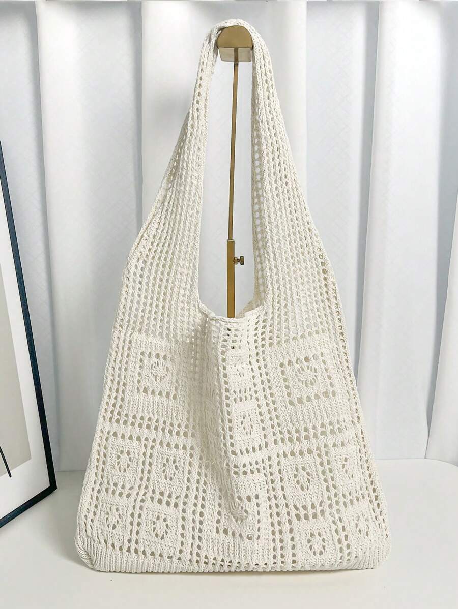 Fashion Essential: Women's Crochet Knit Beach Tote Bag, Hollow Design, Large Capacity, Foldable, With Carrying Strap, Designed For Women. It's Perfect For Beach Trips Due To Its Sand-Proof Feature; Al