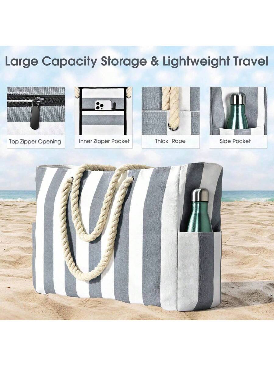 Women's Large Beach Bag, Zipper Waterproof Sand-Proof Tote Bag, Suitable For Swimming Pool (Random Pattern)