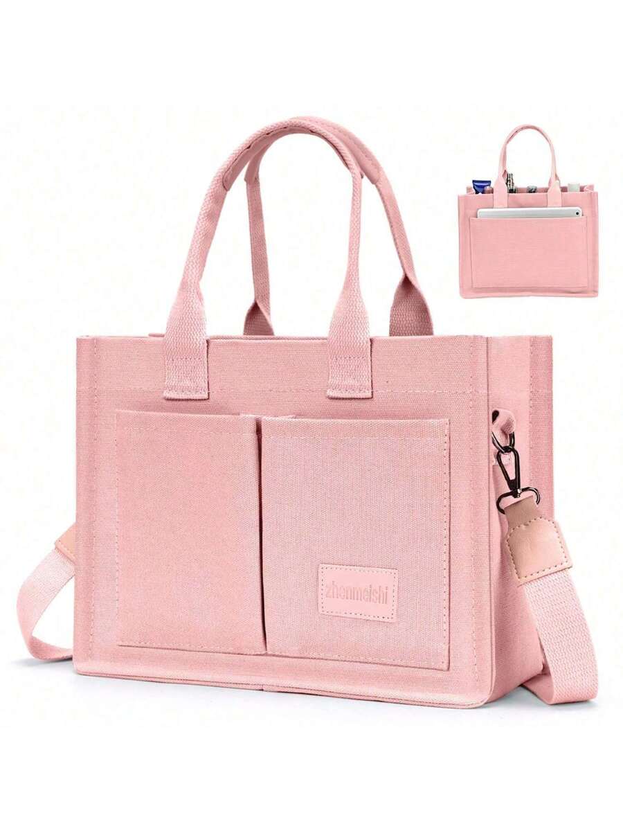 Canvas Tote Bag For Women With Multi-Pocket Crossbody Shoulder Handbag Casual Work Tote Everything Tote Bag