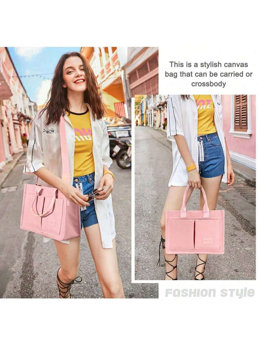 Canvas Tote Bag For Women With Multi-Pocket Crossbody Shoulder Handbag Casual Work Tote Everything Tote Bag