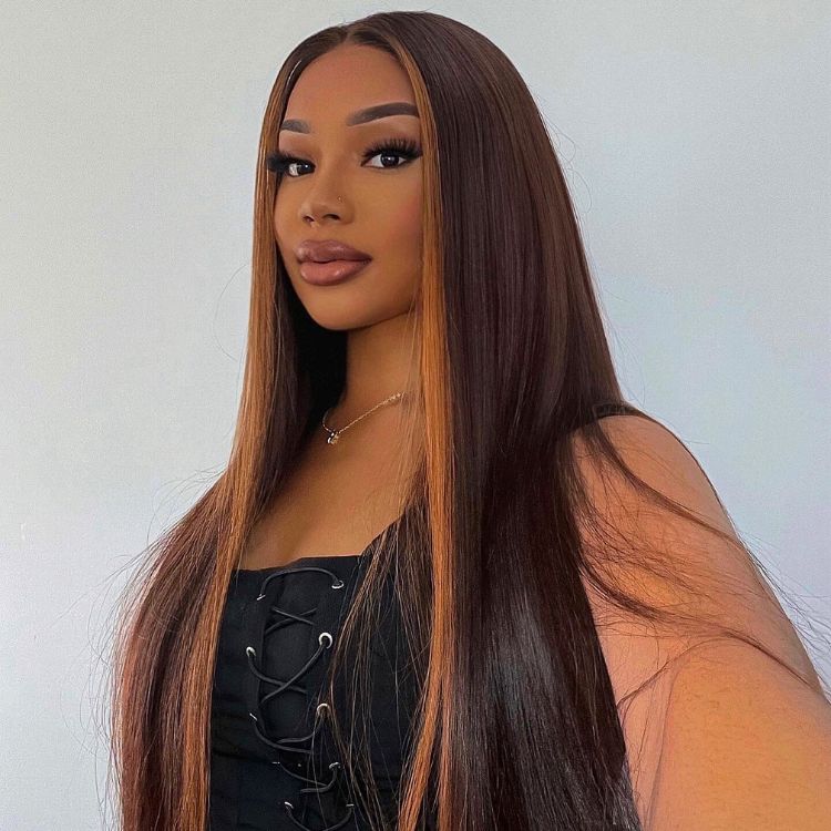 Honey Blonde Highlight Silky Straight Glueless 5x5 Closure Lace Wig 100% Human Hair - US Only