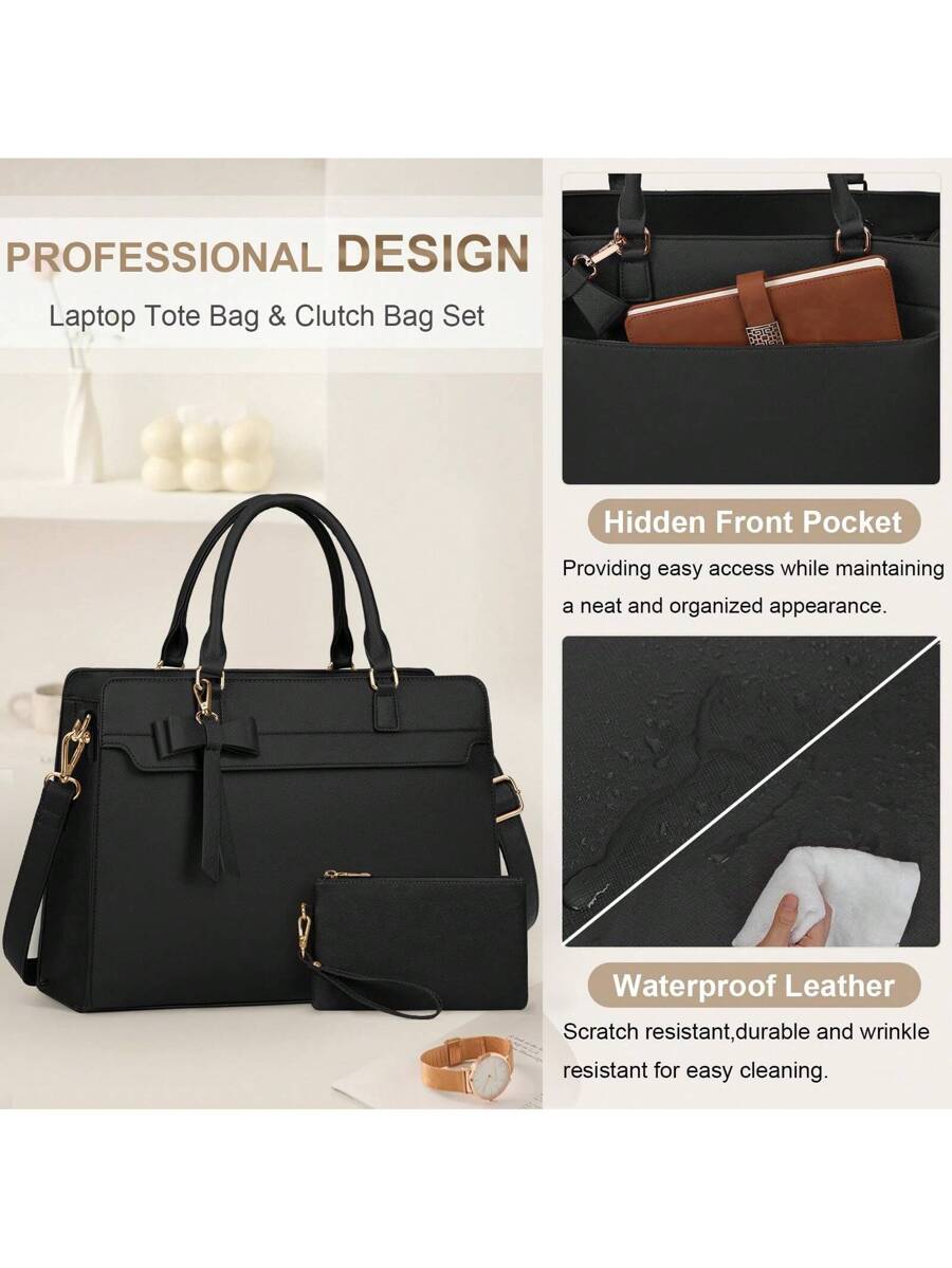 Laptop Bag For Women 15.6 Inch Leather Laptop Tote Bag Large Computer Bag Waterproof Business Office Work Bag Briefcase With Satchel Purse 2pcs Set