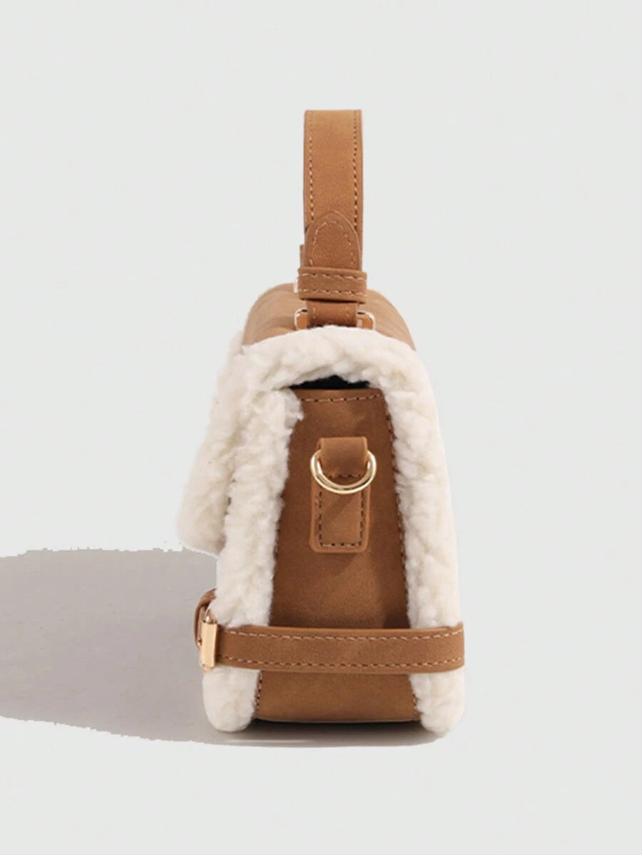 1pc Women Handbag, New Autumn Winter Lamb Fur Tote Bag, Fluffy Lock Strap Crossbody Bag, Mini Square Bag, Coffee Brown & Burgundy, New Arrival Fur Bag For Women, Small Bags