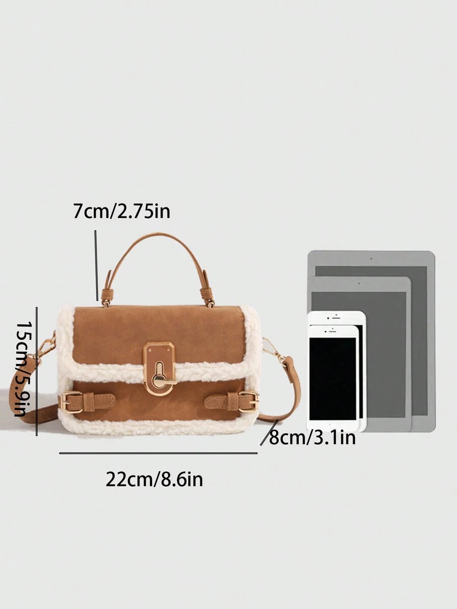 1pc Women Handbag, New Autumn Winter Lamb Fur Tote Bag, Fluffy Lock Strap Crossbody Bag, Mini Square Bag, Coffee Brown & Burgundy, New Arrival Fur Bag For Women, Small Bags