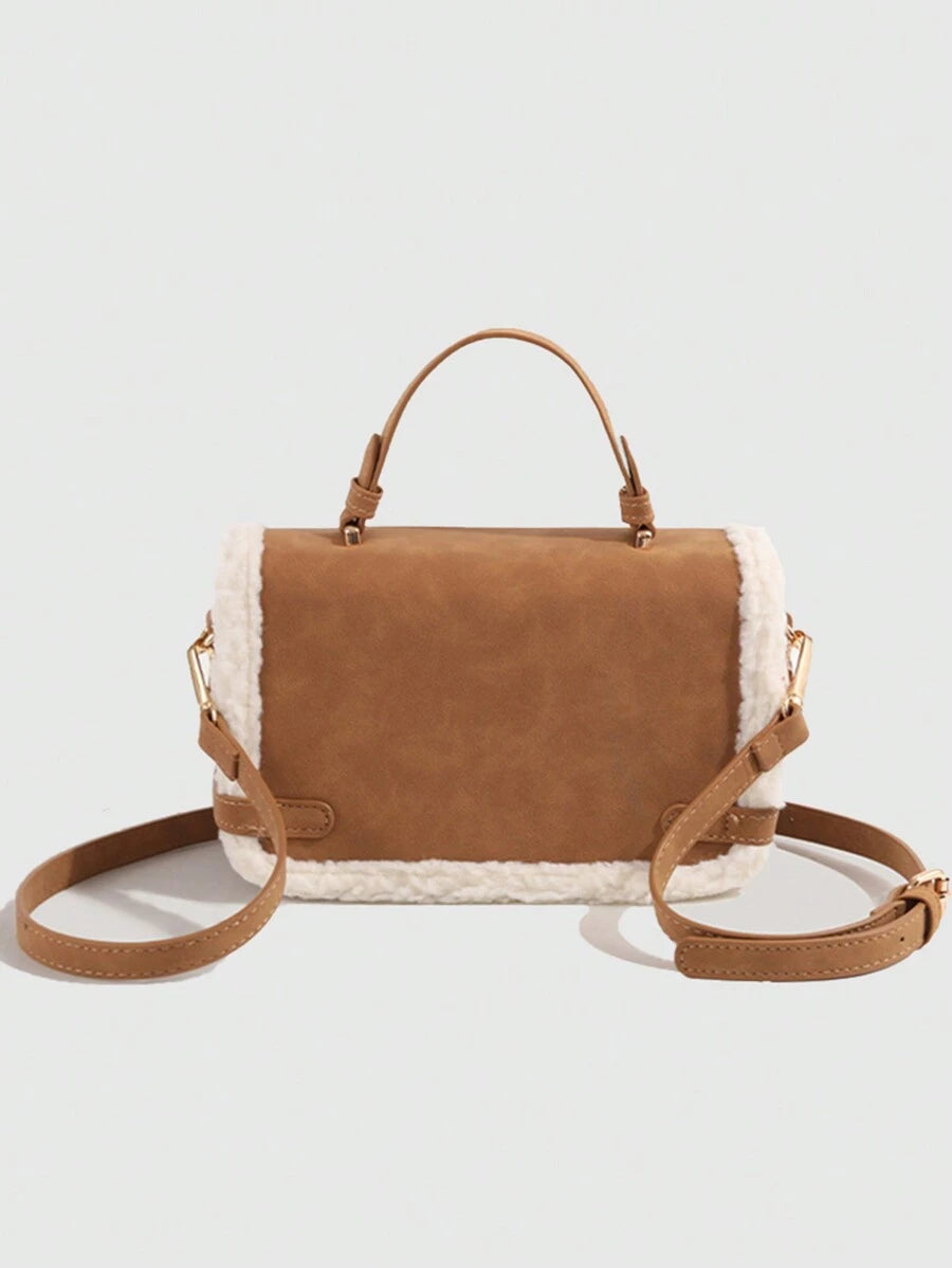 1pc Women Handbag, New Autumn Winter Lamb Fur Tote Bag, Fluffy Lock Strap Crossbody Bag, Mini Square Bag, Coffee Brown & Burgundy, New Arrival Fur Bag For Women, Small Bags