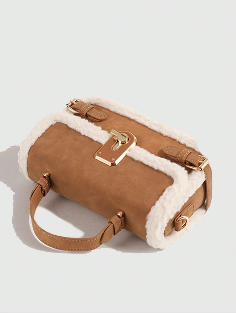 1pc Women Handbag, New Autumn Winter Lamb Fur Tote Bag, Fluffy Lock Strap Crossbody Bag, Mini Square Bag, Coffee Brown & Burgundy, New Arrival Fur Bag For Women, Small Bags
