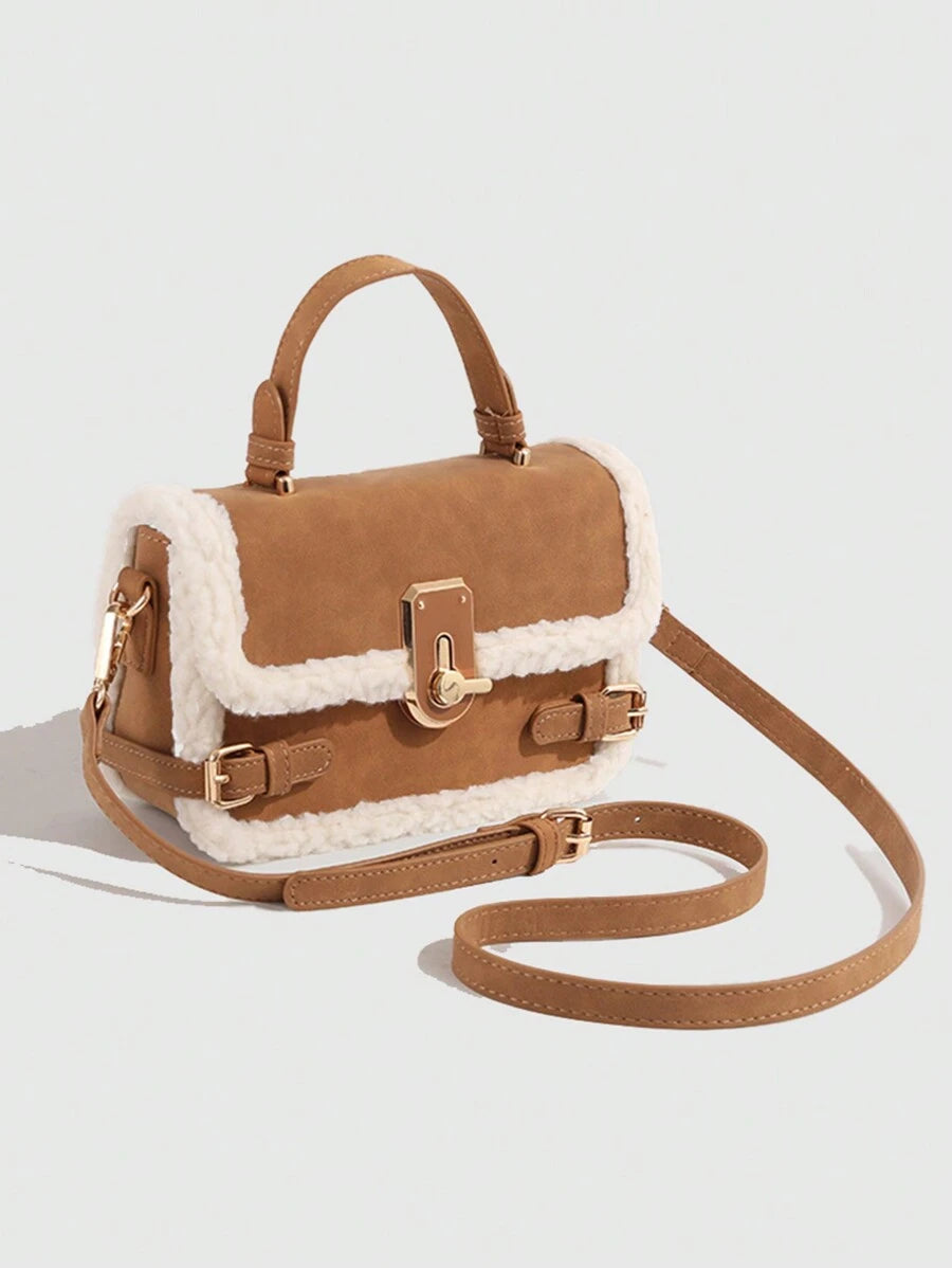 1pc Women Handbag, New Autumn Winter Lamb Fur Tote Bag, Fluffy Lock Strap Crossbody Bag, Mini Square Bag, Coffee Brown & Burgundy, New Arrival Fur Bag For Women, Small Bags