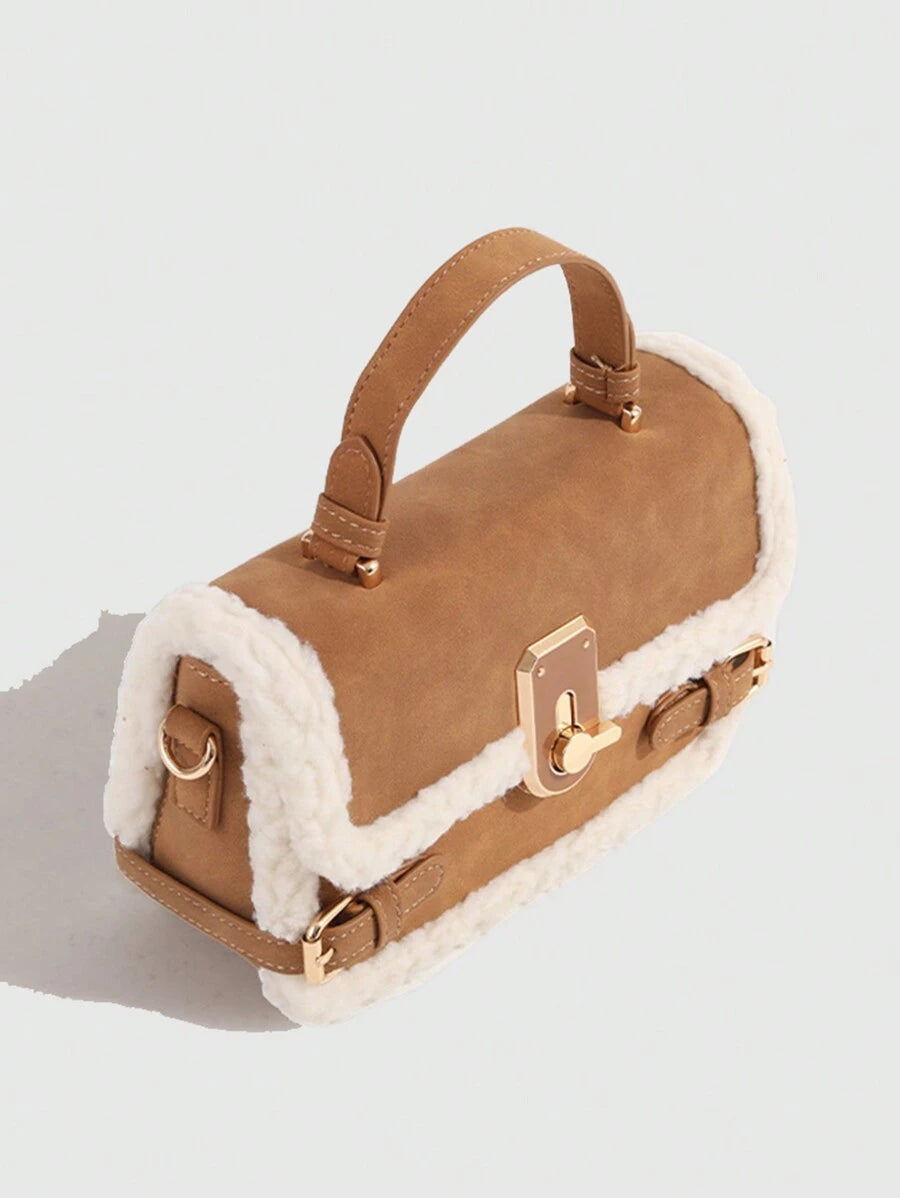 1pc Women Handbag, New Autumn Winter Lamb Fur Tote Bag, Fluffy Lock Strap Crossbody Bag, Mini Square Bag, Coffee Brown & Burgundy, New Arrival Fur Bag For Women, Small Bags