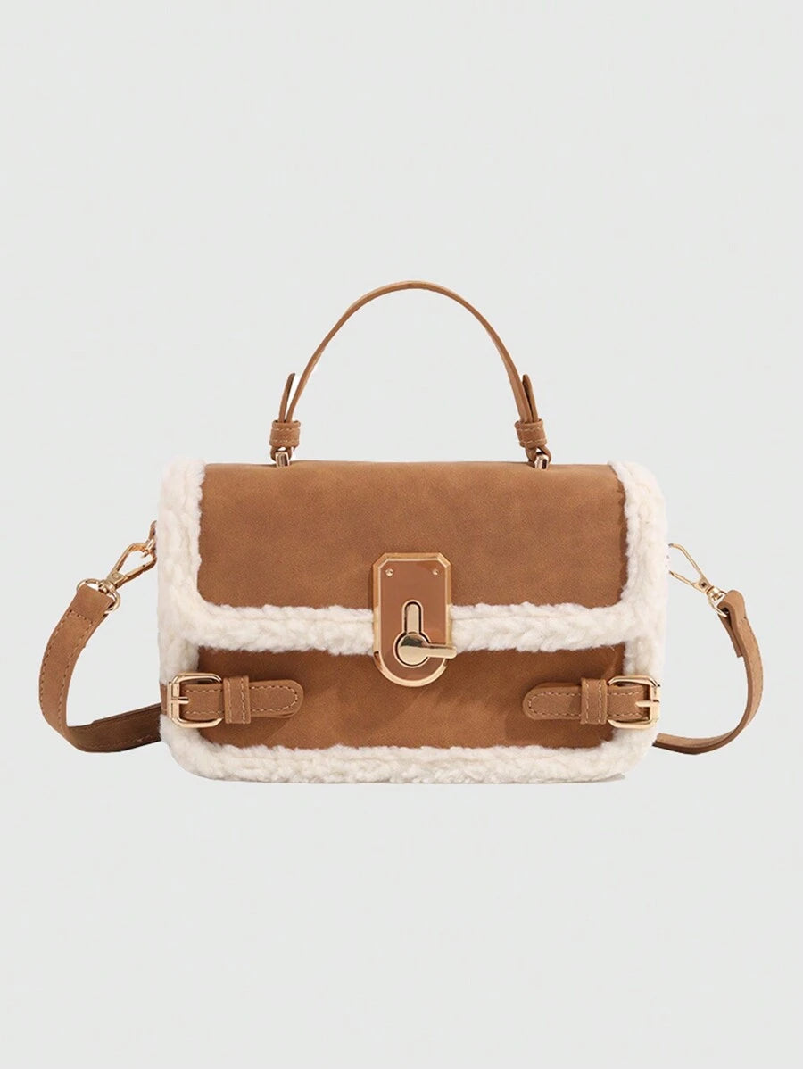 1pc Women Handbag, New Autumn Winter Lamb Fur Tote Bag, Fluffy Lock Strap Crossbody Bag, Mini Square Bag, Coffee Brown & Burgundy, New Arrival Fur Bag For Women, Small Bags