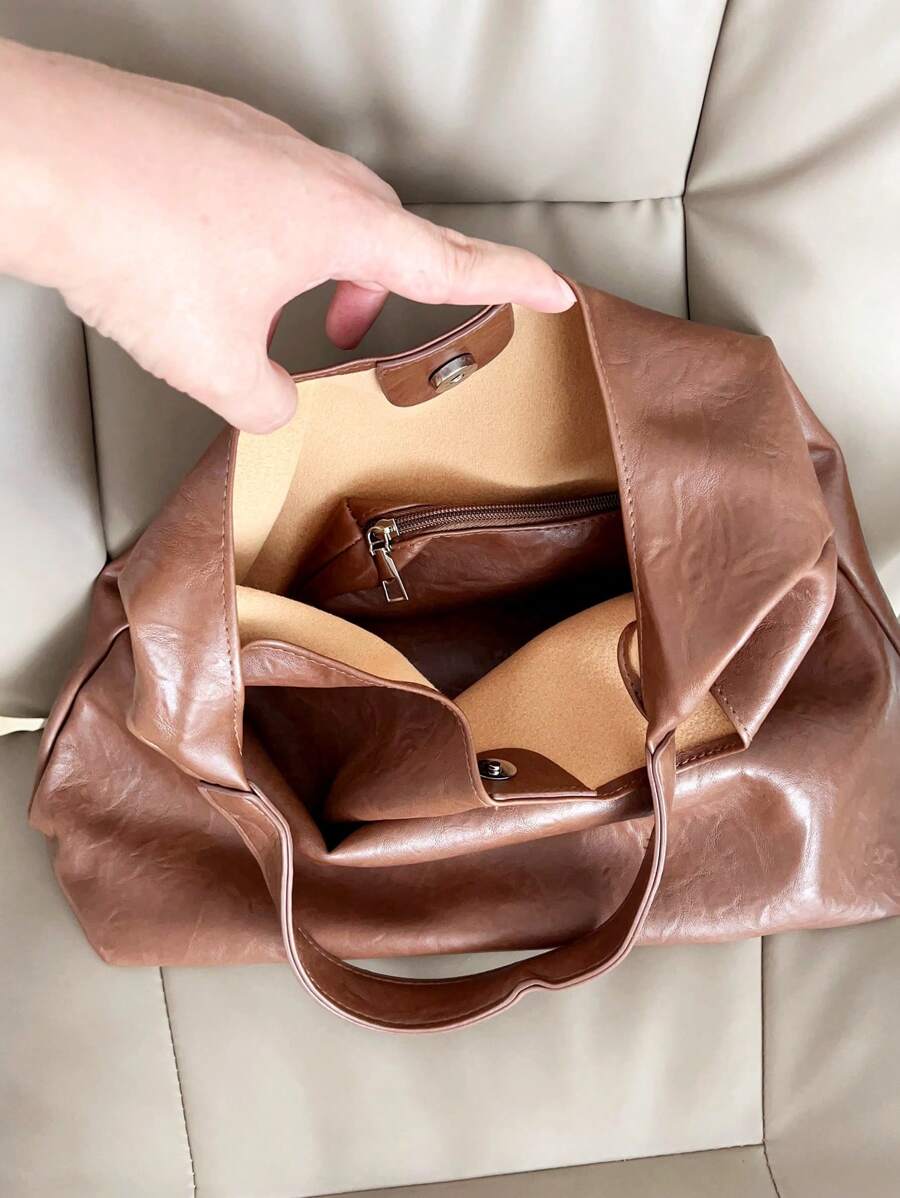 Coffee Brown Vintage Soft PU Tote Bag 2026 New Fashion Large Capacity Soft Bag Minimalist Solid Color Shoulder Bag With Inner Pouch Casual Versatile Women's Large Bag Suitable For Daily Use Commuting