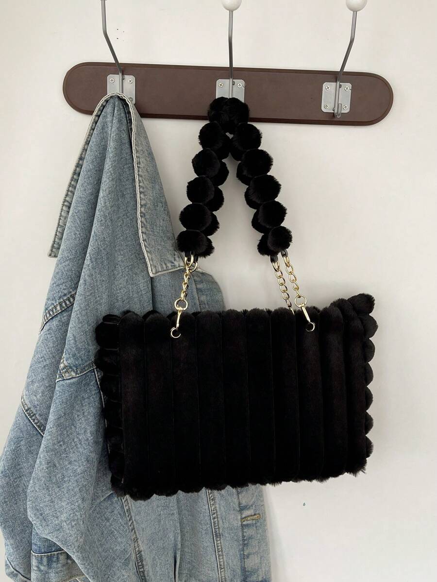 1pc Large Capacity Plush Zipper Tote Bag With Fashion Metal Chain, Furry Design, Suitable For Women's Daily Use, New Autumn/Winter Model, New Arrival Fur Purse Fall Clothes For Women