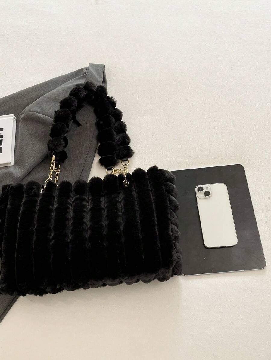 1pc Large Capacity Plush Zipper Tote Bag With Fashion Metal Chain, Furry Design, Suitable For Women's Daily Use, New Autumn/Winter Model, New Arrival Fur Purse Fall Clothes For Women