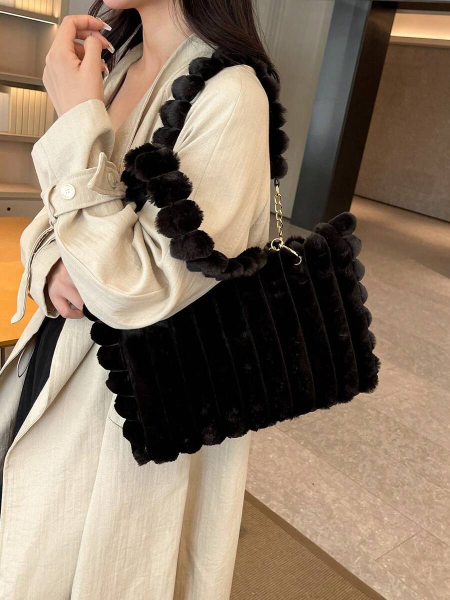1pc Large Capacity Plush Zipper Tote Bag With Fashion Metal Chain, Furry Design, Suitable For Women's Daily Use, New Autumn/Winter Model, New Arrival Fur Purse Fall Clothes For Women
