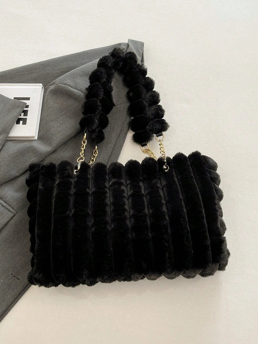 1pc Large Capacity Plush Zipper Tote Bag With Fashion Metal Chain, Furry Design, Suitable For Women's Daily Use, New Autumn/Winter Model, New Arrival Fur Purse Fall Clothes For Women