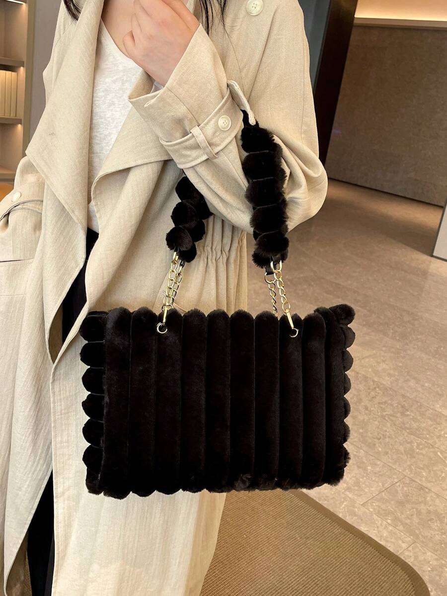 1pc Large Capacity Plush Zipper Tote Bag With Fashion Metal Chain, Furry Design, Suitable For Women's Daily Use, New Autumn/Winter Model, New Arrival Fur Purse Fall Clothes For Women