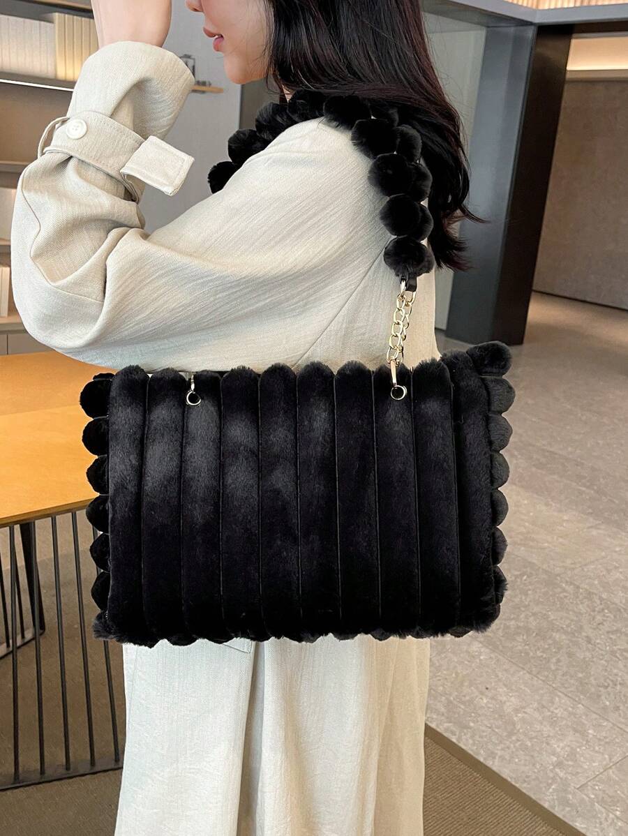 1pc Large Capacity Plush Zipper Tote Bag With Fashion Metal Chain, Furry Design, Suitable For Women's Daily Use, New Autumn/Winter Model, New Arrival Fur Purse Fall Clothes For Women