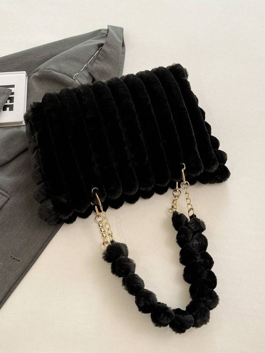 1pc Large Capacity Plush Zipper Tote Bag With Fashion Metal Chain, Furry Design, Suitable For Women's Daily Use, New Autumn/Winter Model, New Arrival Fur Purse Fall Clothes For Women