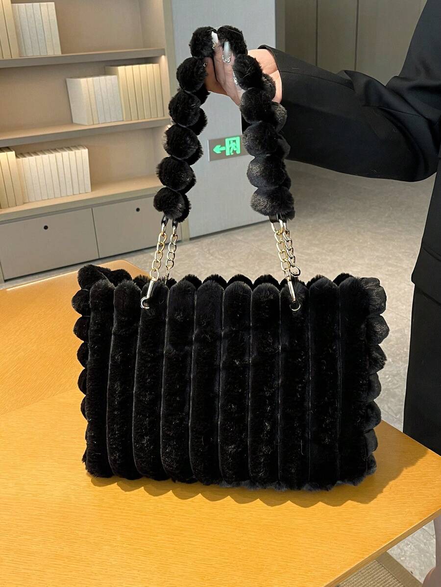 1pc Large Capacity Plush Zipper Tote Bag With Fashion Metal Chain, Furry Design, Suitable For Women's Daily Use, New Autumn/Winter Model, New Arrival Fur Purse Fall Clothes For Women