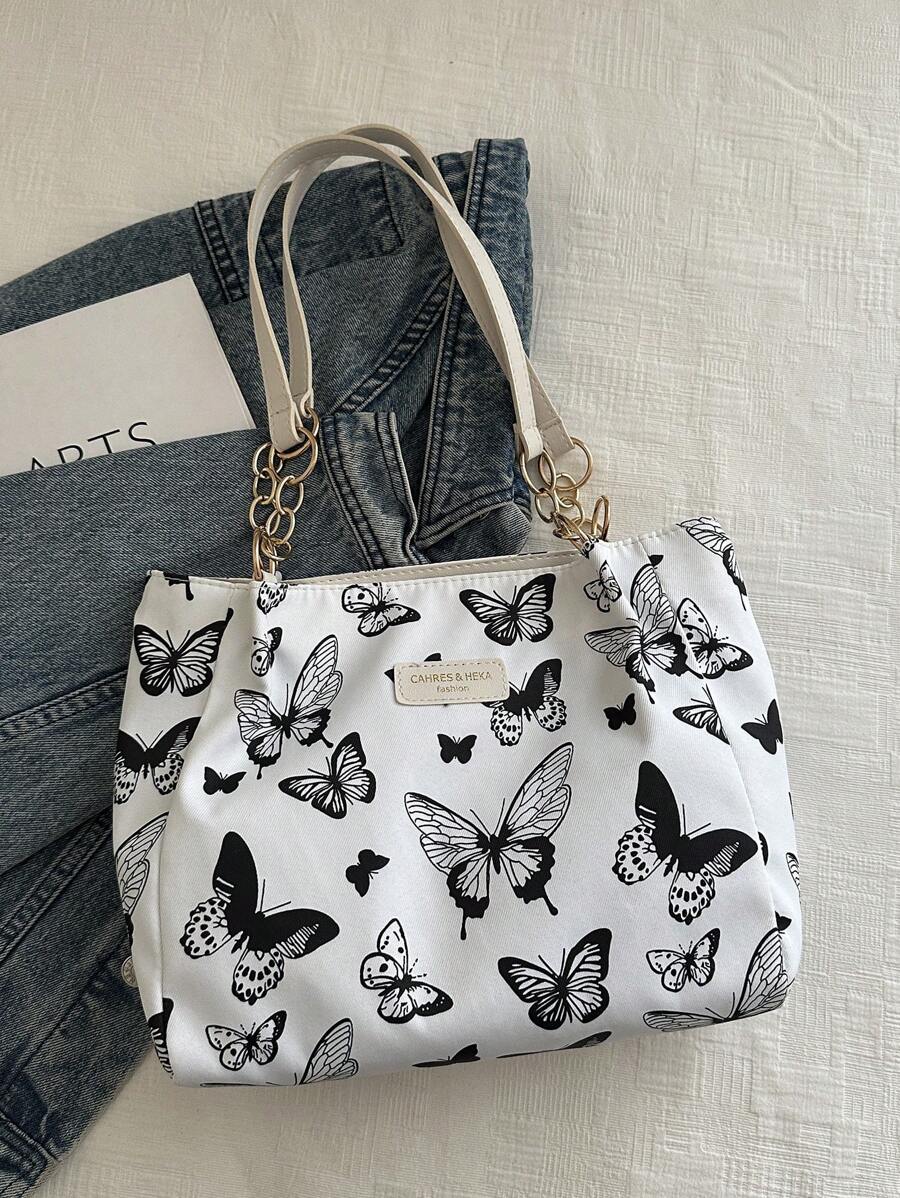 Fashionable Striped Handbag- Women's Large Capacity Shoulder Bag- Zippered Tote Bag For Daily Use- Minimalist Chain Shoulder Tote Bag For Teen Girls Women College Students, Rookies & White-Collar W