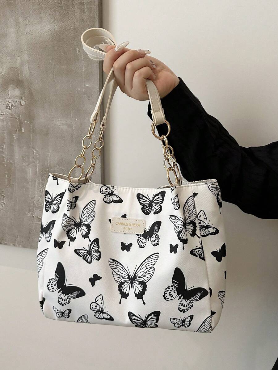 Fashionable Striped Handbag- Women's Large Capacity Shoulder Bag- Zippered Tote Bag For Daily Use- Minimalist Chain Shoulder Tote Bag For Teen Girls Women College Students, Rookies & White-Collar W