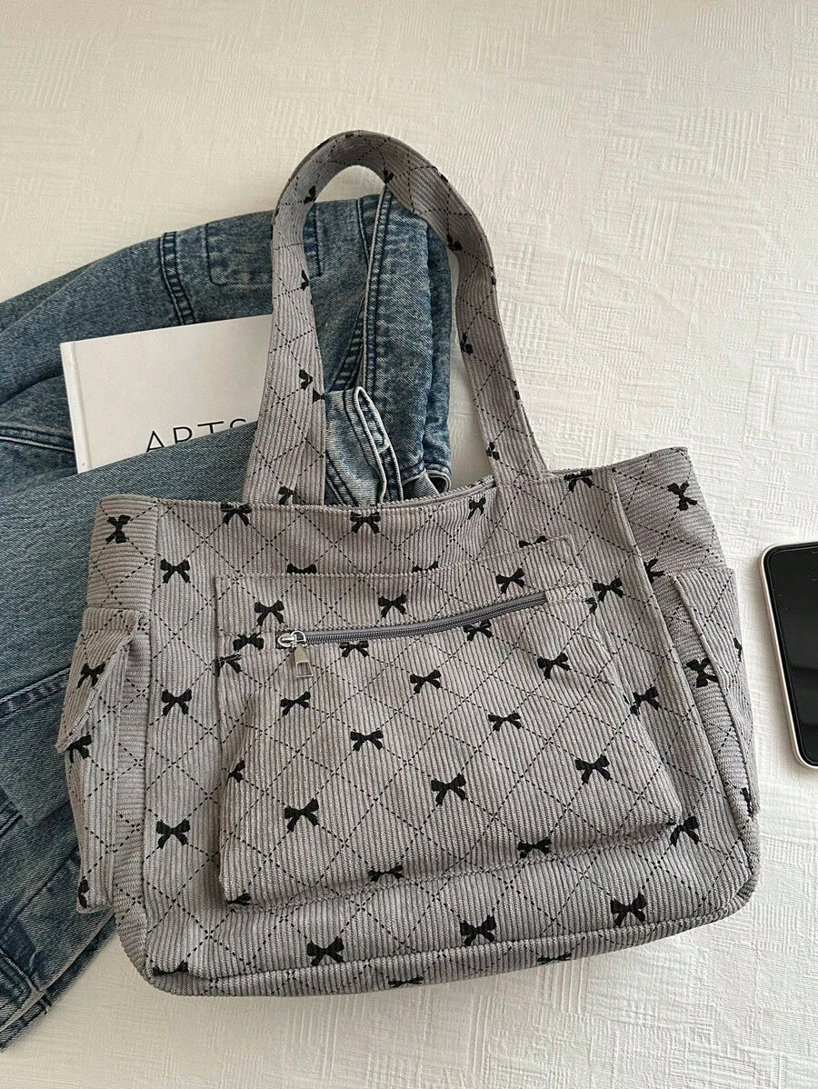 Fashion Contrast Color Bow Print Shoulder Bag, Minimalist And Lightweight, Multi-Pocket Design, Can Be Used As A Shoulder Handbag, School Bookbag, Suitable For Book Week Activities, Also A Perfect Val