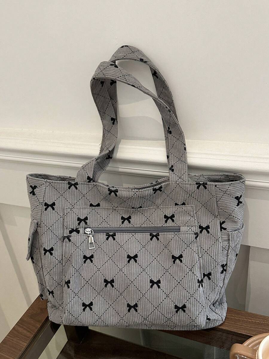 Fashion Contrast Color Bow Print Shoulder Bag, Minimalist And Lightweight, Multi-Pocket Design, Can Be Used As A Shoulder Handbag, School Bookbag, Suitable For Book Week Activities, Also A Perfect Val