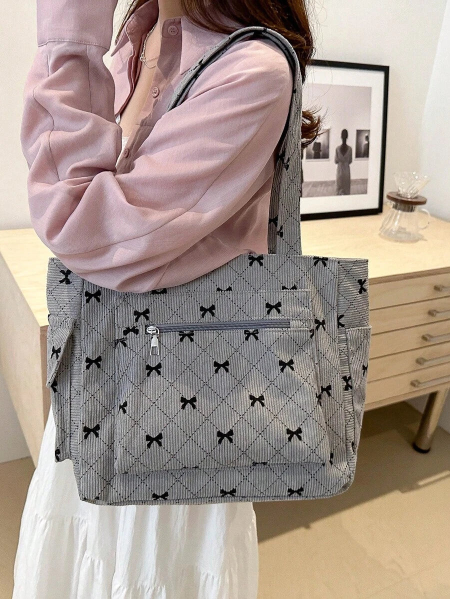 Fashion Contrast Color Bow Print Shoulder Bag, Minimalist And Lightweight, Multi-Pocket Design, Can Be Used As A Shoulder Handbag, School Bookbag, Suitable For Book Week Activities, Also A Perfect Val
