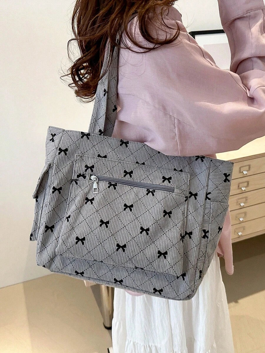 Fashion Contrast Color Bow Print Shoulder Bag, Minimalist And Lightweight, Multi-Pocket Design, Can Be Used As A Shoulder Handbag, School Bookbag, Suitable For Book Week Activities, Also A Perfect Val