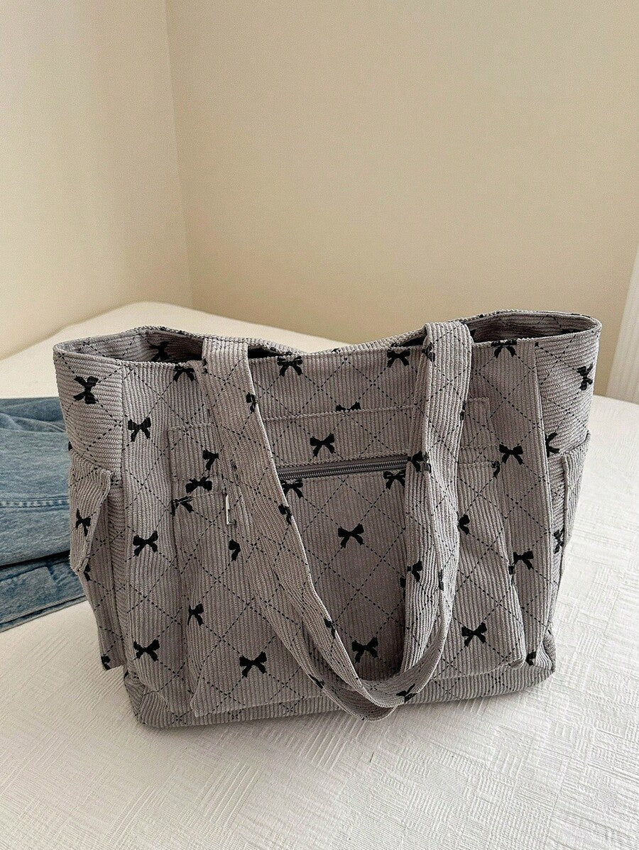 Fashion Contrast Color Bow Print Shoulder Bag, Minimalist And Lightweight, Multi-Pocket Design, Can Be Used As A Shoulder Handbag, School Bookbag, Suitable For Book Week Activities, Also A Perfect Val