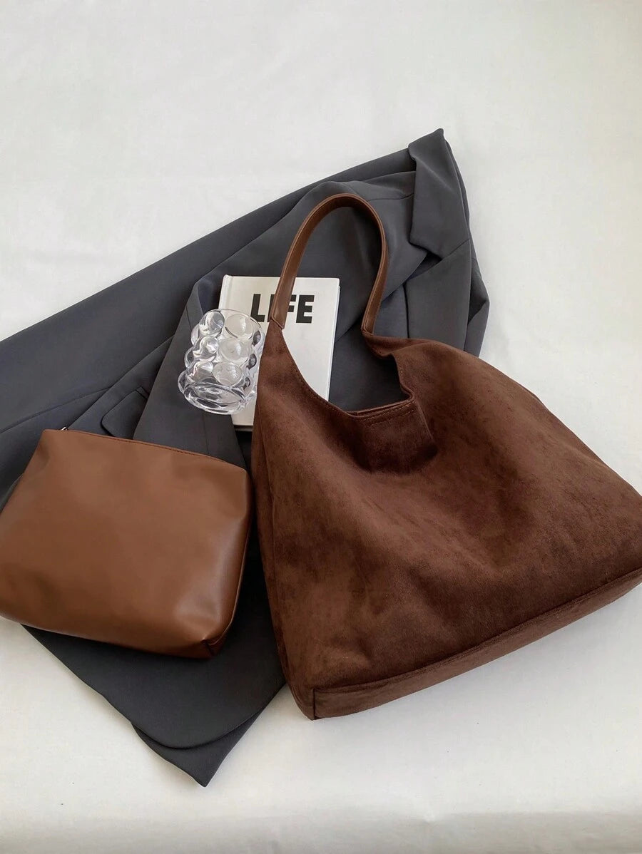2pcs Retro Faux Suede Casual Tote Bag Set With Coin Purse, Large Capacity Shoulder Bag And Solid Color Handbag, Elegant Versatile Work Commute Tote Bag For Women, New Autumn And Winter Women Bag, Best