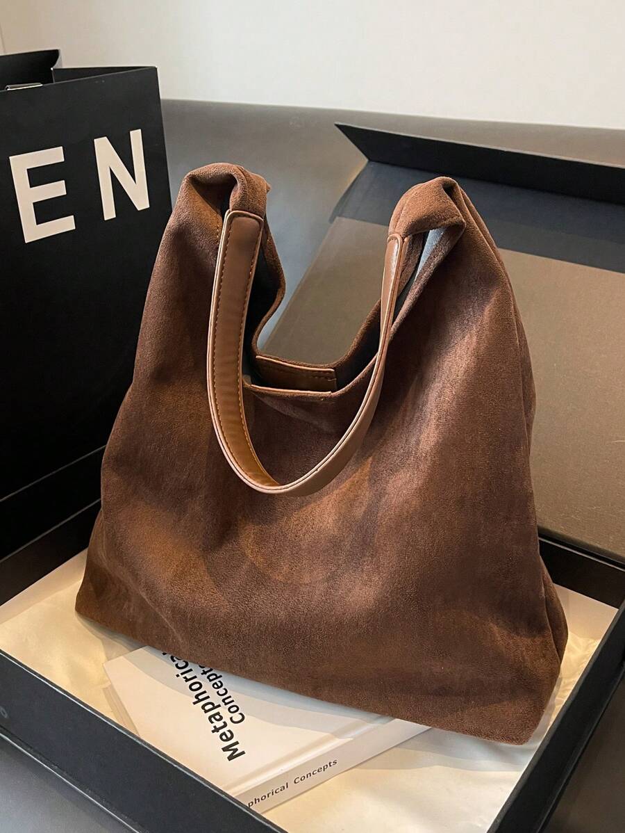 2pcs Retro Faux Suede Casual Tote Bag Set With Coin Purse, Large Capacity Shoulder Bag And Solid Color Handbag, Elegant Versatile Work Commute Tote Bag For Women, New Autumn And Winter Women Bag, Best