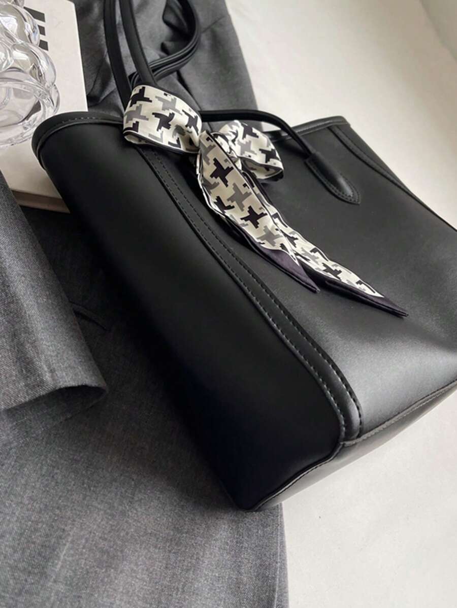 Fashion Solid Color PU Tote Bag With Scarf, Large Capacity Vintage Minimalist Casual Shoulder Bag