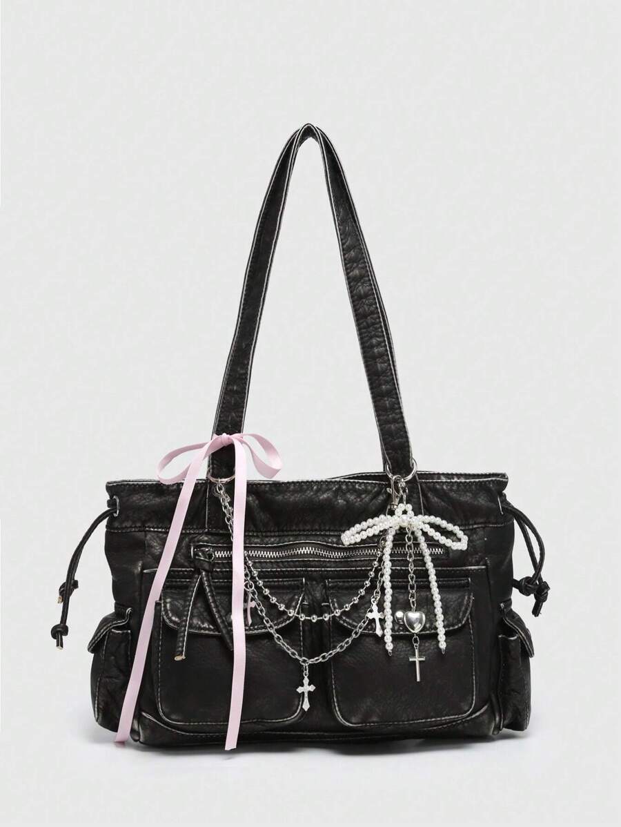 ROMWE Kawaii Vintage Distressed Ombre Cross & Heart Print Bowknot Detail Shoulder Tote Bag, Spacious Pink Shoulder Handbag With Multiple Pockets