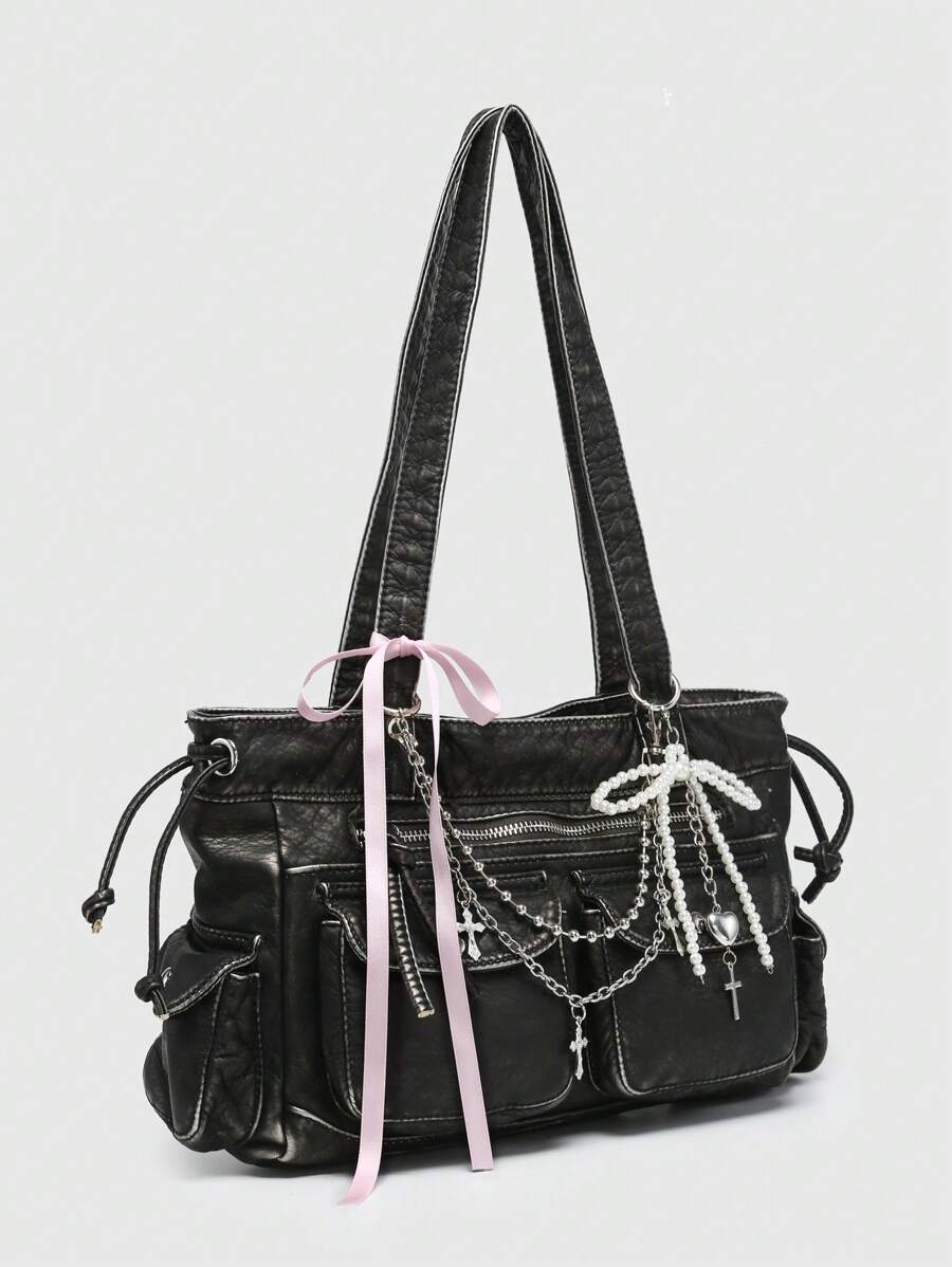 ROMWE Kawaii Women's Vintage Distressed Ombre Cross & Heart Charm Ribbon Tie Bow Decor Shoulder Tote Bag, Large Capacity Multifunctional Handbag