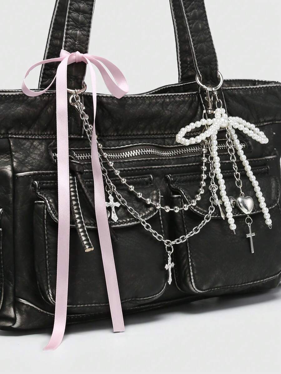 ROMWE Kawaii Women's Vintage Distressed Ombre Cross & Heart Charm Ribbon Tie Bow Decor Shoulder Tote Bag, Large Capacity Multifunctional Handbag