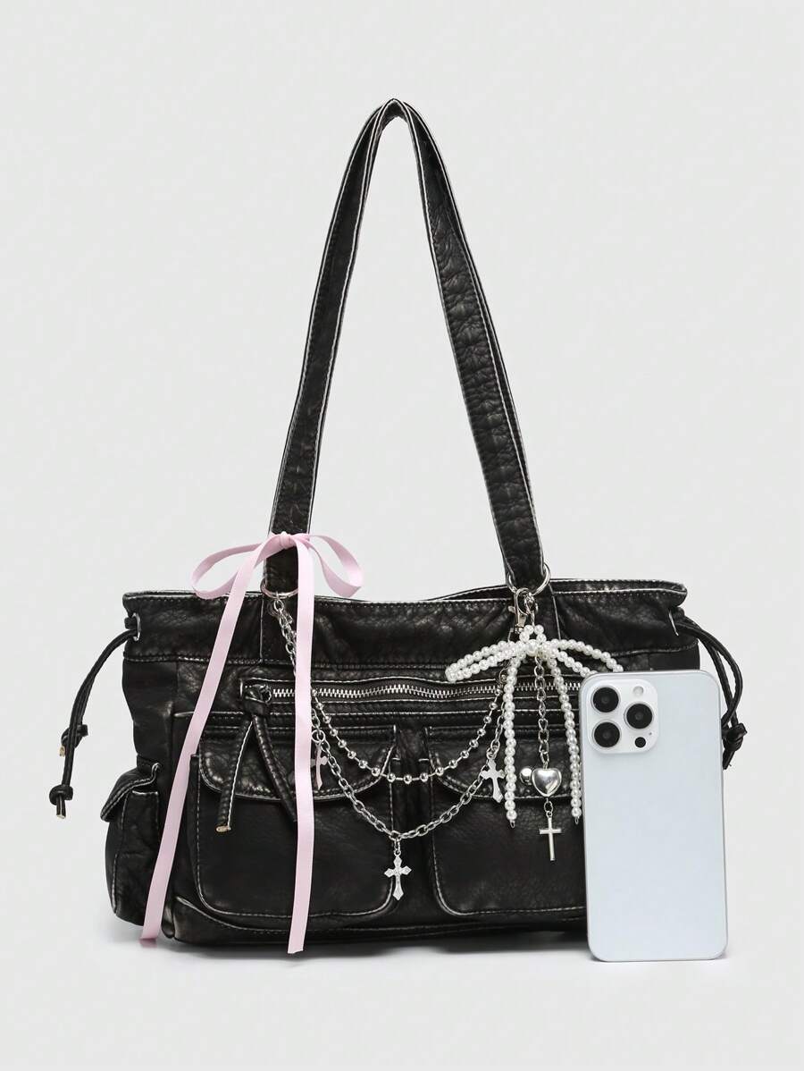 ROMWE Kawaii Women's Vintage Distressed Ombre Cross & Heart Charm Ribbon Tie Bow Decor Shoulder Tote Bag, Large Capacity Multifunctional Handbag