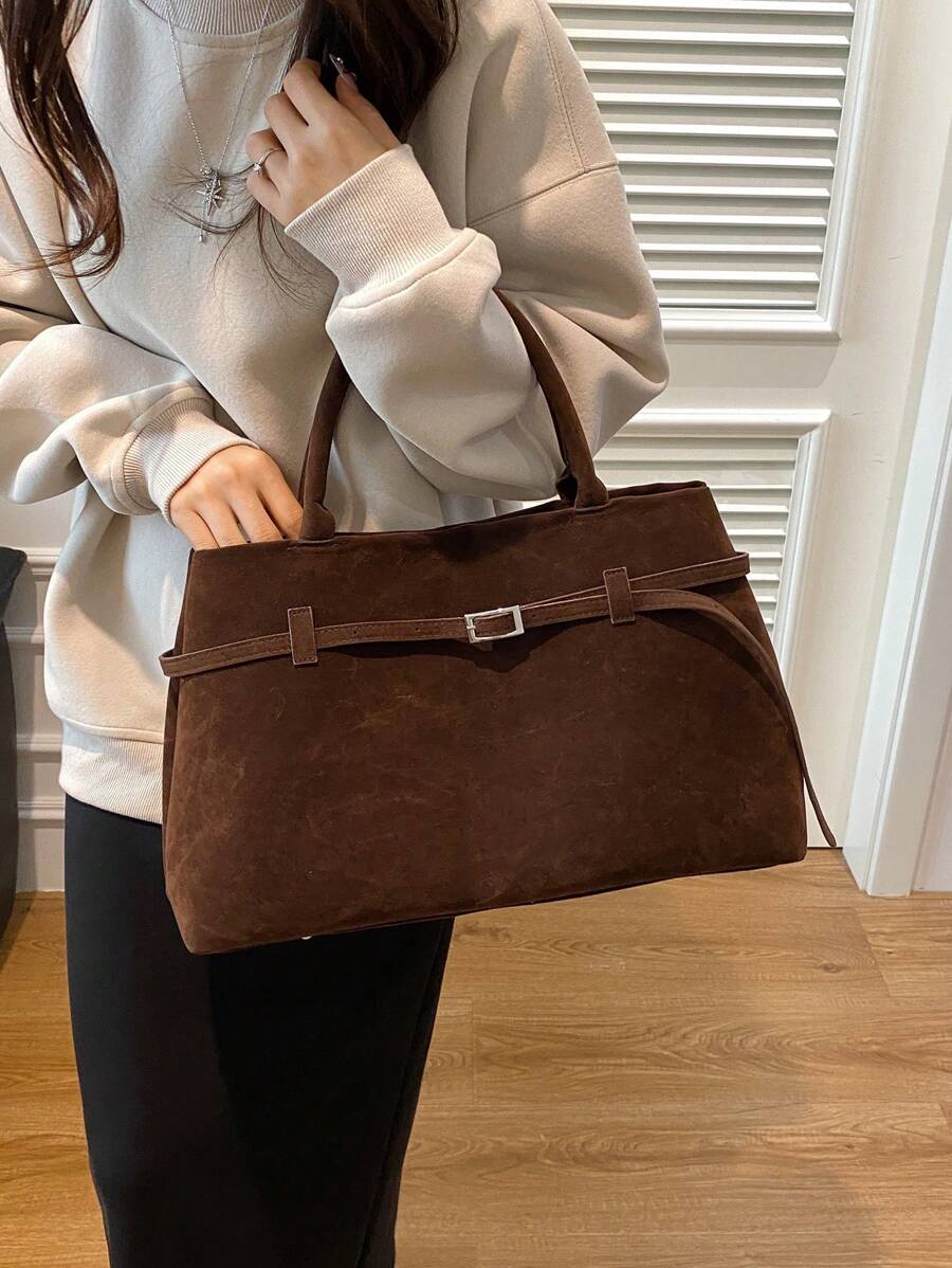 1pc Coffee Color Women Handbag, Retro Suede Leather Tote Bag With Large Capacity, Belt Decor, PU Material, Fashion Vintage Minimalist Style, Suitable For Women Shopping And Daily Use, Tote Bags For La