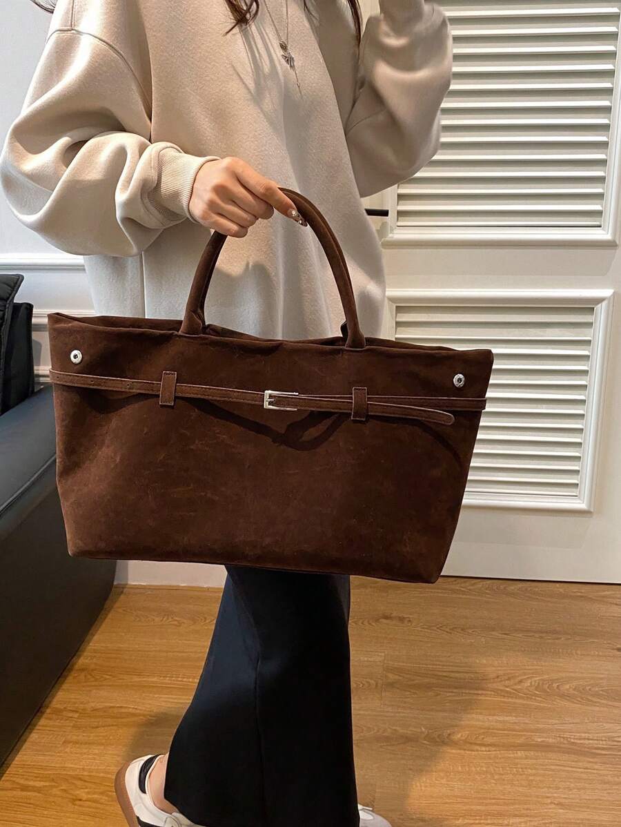 1pc Coffee Color Women Handbag, Retro Suede Leather Tote Bag With Large Capacity, Belt Decor, PU Material, Fashion Vintage Minimalist Style, Suitable For Women Shopping And Daily Use, Tote Bags For La