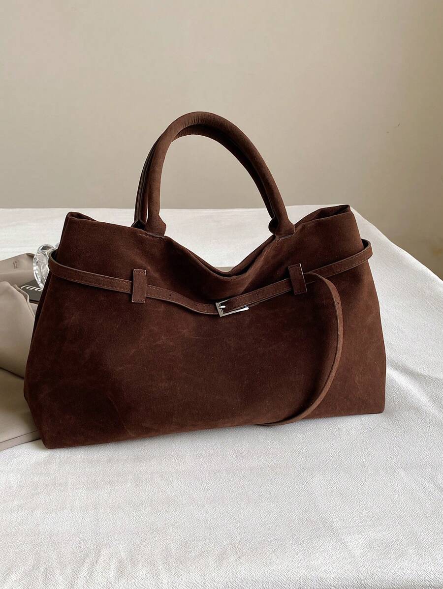 1pc Coffee Color Women Handbag, Retro Suede Leather Tote Bag With Large Capacity, Belt Decor, PU Material, Fashion Vintage Minimalist Style, Suitable For Women Shopping And Daily Use, Tote Bags For La