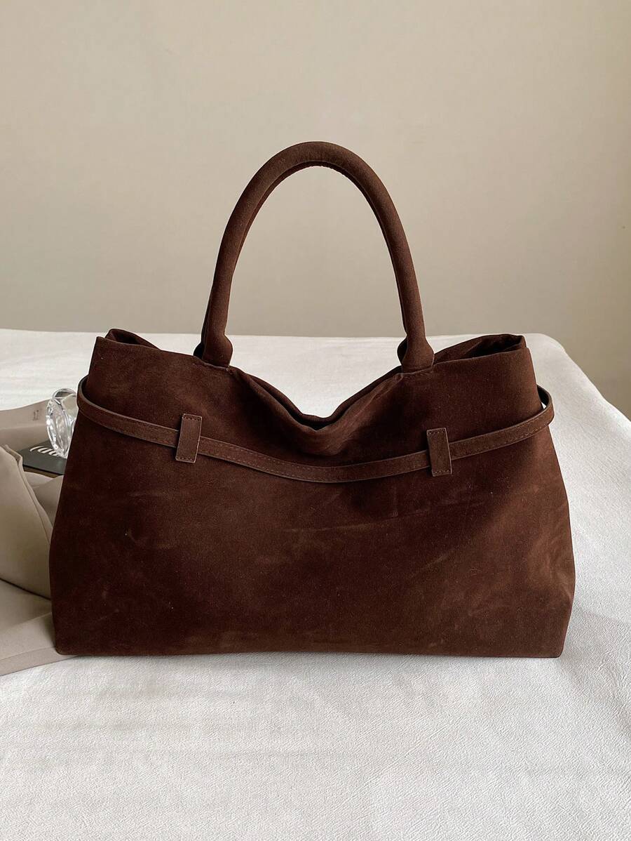 1pc Coffee Color Women Handbag, Retro Suede Leather Tote Bag With Large Capacity, Belt Decor, PU Material, Fashion Vintage Minimalist Style, Suitable For Women Shopping And Daily Use, Tote Bags For La