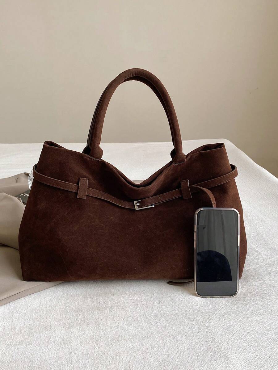 1pc Coffee Color Women Handbag, Retro Suede Leather Tote Bag With Large Capacity, Belt Decor, PU Material, Fashion Vintage Minimalist Style, Suitable For Women Shopping And Daily Use, Tote Bags For La